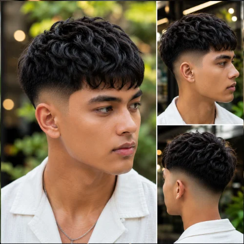 Young man with a Wavy French Crop Low Fade haircut featuring naturally wavy textured hair on top and clean low-faded sides. The stylish hairstyle is showcased in a modern outdoor setting with an attractive blurred background, highlighting the haircut’s volume, texture, and contemporary appearance.