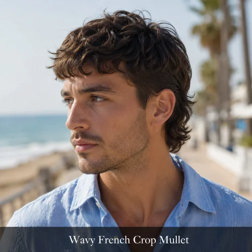 Mullet Hairstyle
Wavy French crop mullet with soft waves, cropped front, and longer back