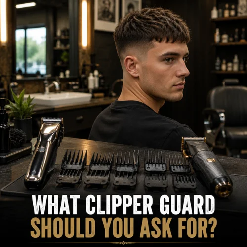 Clipper guard guide for a short textured French crop showing guard lengths and side-cut options