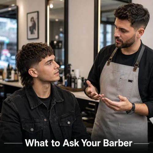 Barber consultation for French crop mullet haircut with cropped fringe and longer back