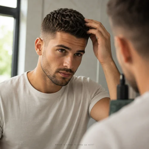 Man checking his crop haircut in the mirror showing easy hairstyle maintenance