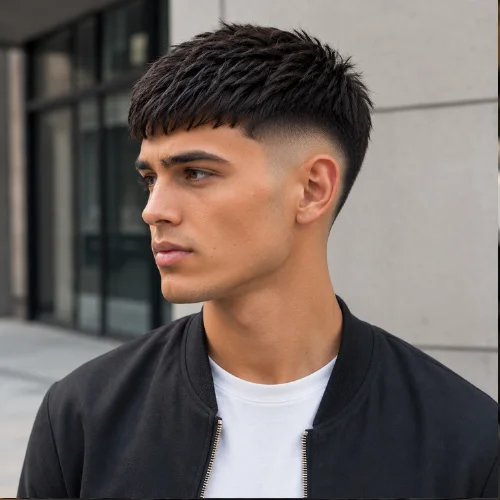 Confident young man outdoors showing fresh French crop burst fade, styled casually with clean fade and textured top.