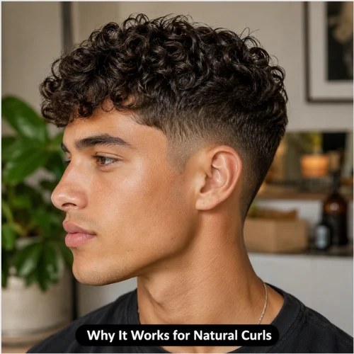 Side profile of a man with a Curly French Crop haircut showing natural curls on top and clean short sides in a warm indoor setting with soft natural light.