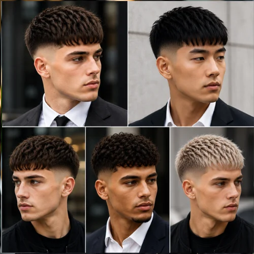 Five men with different hair textures—including straight, wavy, curly, thick, and textured hair—showcasing French Crop Low Fade haircuts. Each style features a cropped top with a clean low fade, highlighting the haircut’s versatility across various hair types and modern men's grooming trends.