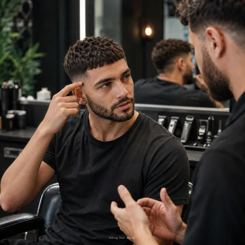 Man with French crop and beard discussing haircut details with barber in modern barbershop