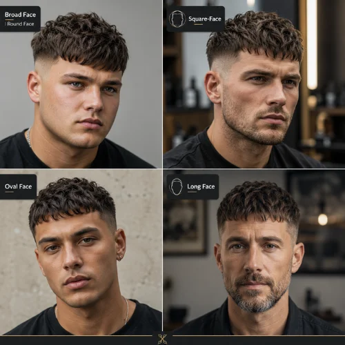 Comparison image showing broad face, square face, oval face, and long face with messy French crop and textured crop hairstyle ideas