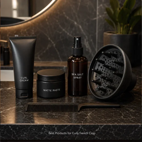 Styling products for Curly French Crop including curl cream, matte paste, and diffuser