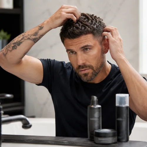 Man styling textured crop haircut with grooming products like matte clay and texture powder