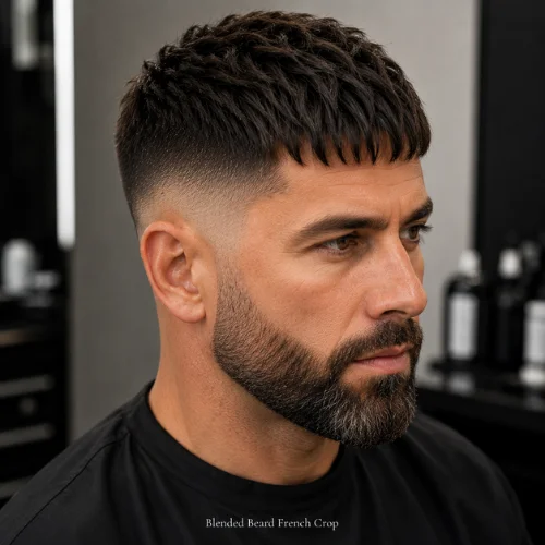 Blended Beard French crop with smooth fade connection between hair and facial hair