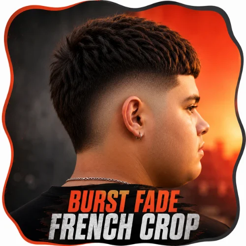 Burst fade French crop haircut for modern men bold stylish fade design with textured top hairstyle