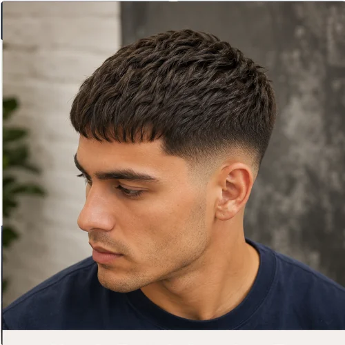 A young man with a classic French Crop Low Taper hairstyle, short fringe on top, clean low taper on sides, neat and professional look.