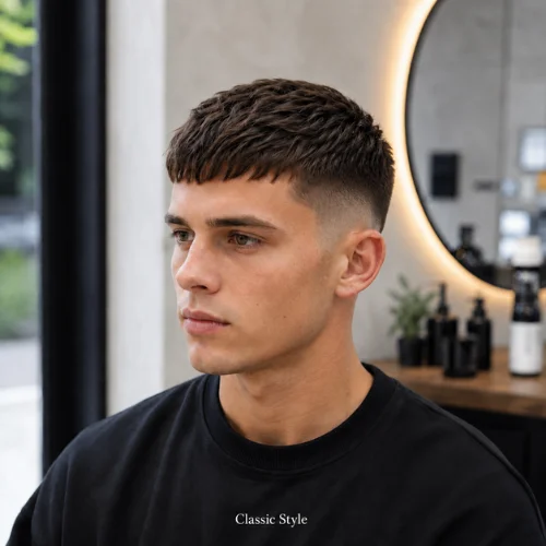 Classic French crop taper fade haircut with clean fringe and balanced shape
