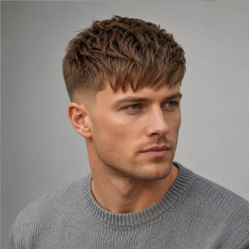 Scandinavian man with a classic long French crop haircut featuring a neat fringe, textured top, and soft tapering.