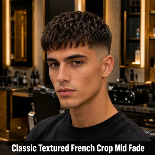 Classic textured French crop mid fade haircut with choppy top and clean faded sides
