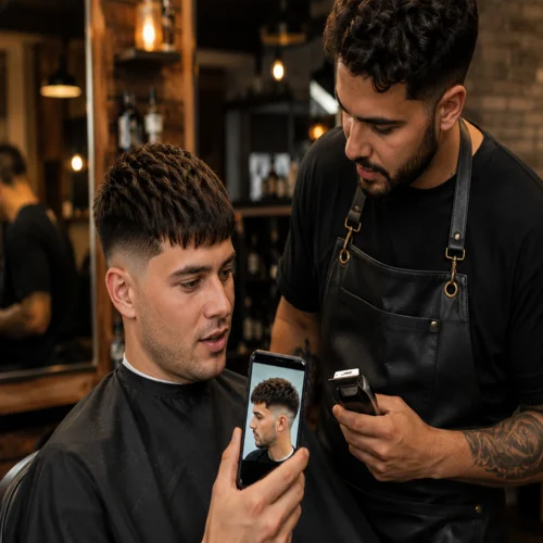 Man showing barber a French crop mid fade reference photo during a haircut consultation.