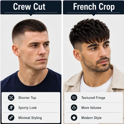 Side-by-side comparison infographic featuring a Crew Cut haircut and a Long French Crop haircut, highlighting differences in hair length, fringe style, texture, and overall appearance.