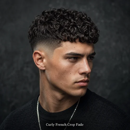Curly French Crop fade with sharp sides and textured curls on top