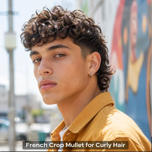 Curly French crop mullet with short fringe and longer curly back