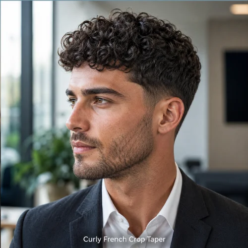 Curly French Crop taper with soft side blend and natural curls