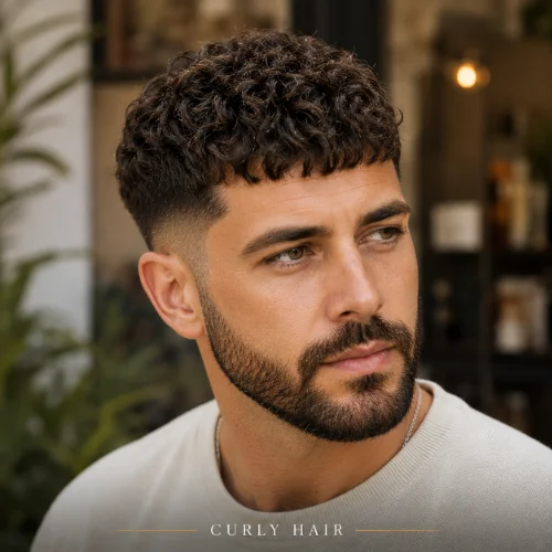 Curly French crop hairstyle with beard showing natural texture and tapered sides