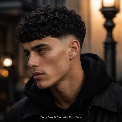 Curly French Crop with drop fade and natural curls on top