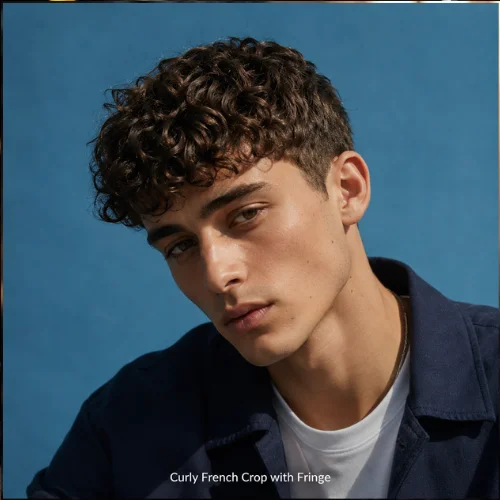 Curly French Crop with fringe styled forward on natural curly hair