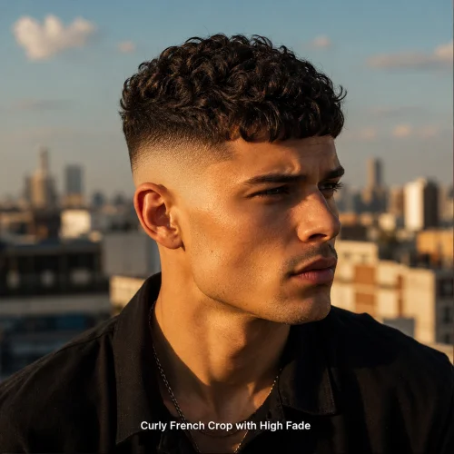 Curly French Crop fade with sharp sides and textured curls on top