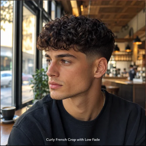 Curly French Crop with low fade and defined curls on top