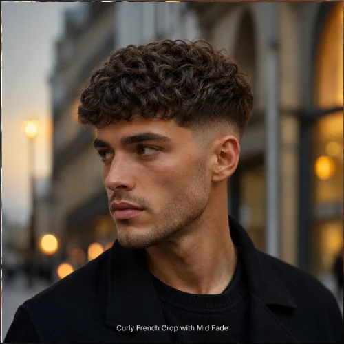 Alt Text: Curly French Crop mid fade with clean sides and shaped curly texture