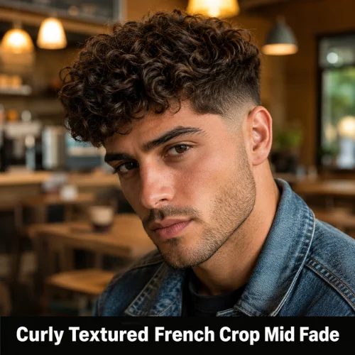 Curly textured French crop mid fade haircut with natural curls and faded sides