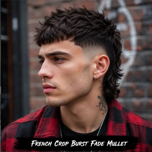 French crop burst fade mullet with curved fade around the ears