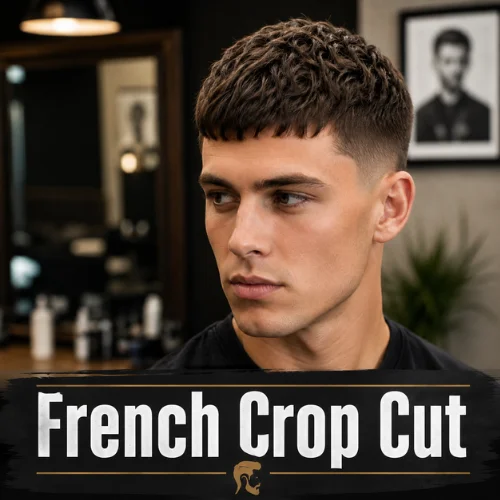 Classic French crop cut with low fade sides, textured top, and clean barber finish for a modern men’s hairstyle