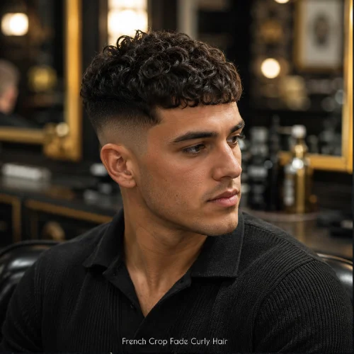 Curly French Crop fade with sharp sides and textured curls on top