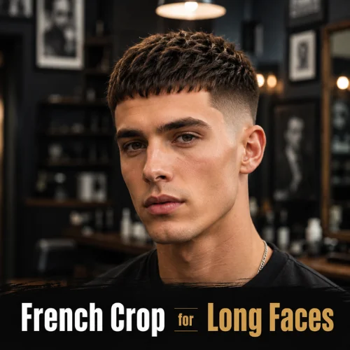French crop haircut for long face shape with balanced fringe, clean fade sides, and modern barbershop styling inspiration