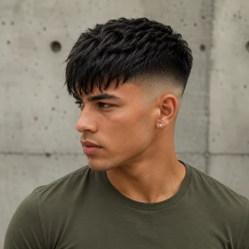 Hispanic man with a French crop fringe long buzz cut fade haircut featuring a textured fringe and sharp skin fade.