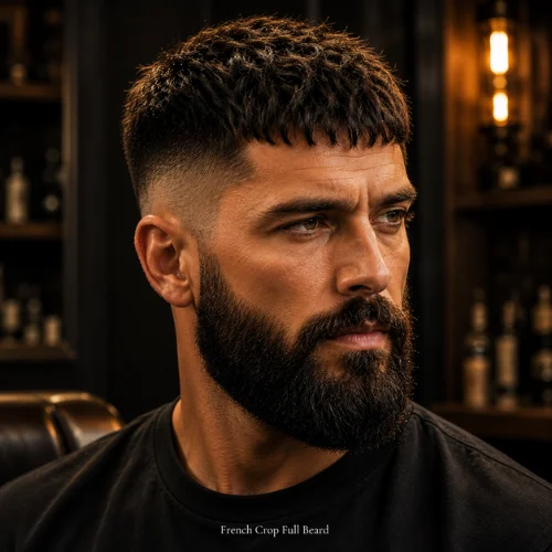 French crop haircut with full beard showing masculine style and clean faded sides