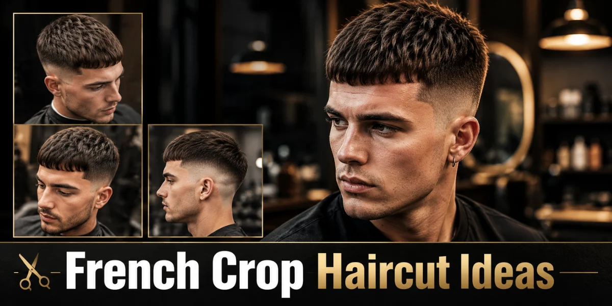 French crop haircut ideas featuring modern textured crop styles, fade variations, and barbershop inspired men’s hairstyle collage