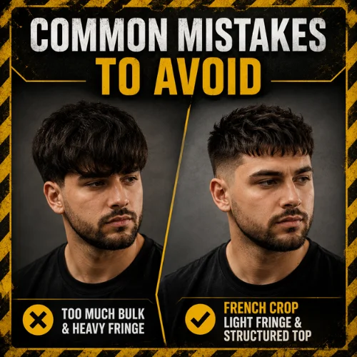 Common French crop hairstyle mistakes men round face avoid heavy fringe and bulky sides haircut errors