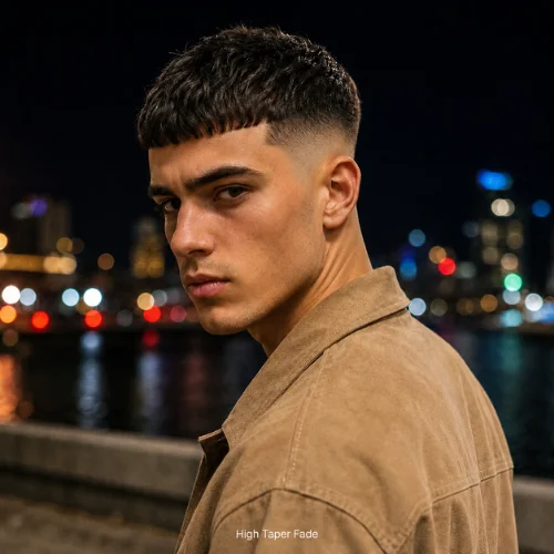 French crop high taper fade haircut with bold faded sides and short fringe
