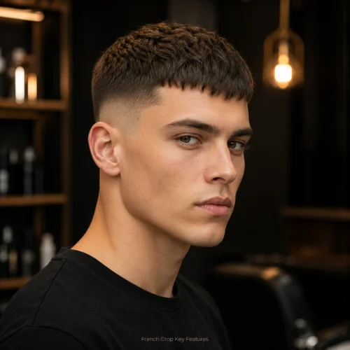 Close-up of French crop haircut showing short sides and neat fringe
