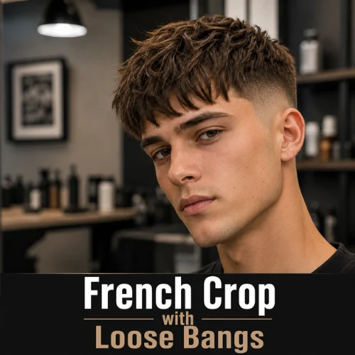French crop with loose bangs and soft textured fringe haircut for men with modern barbershop styling and clean fade