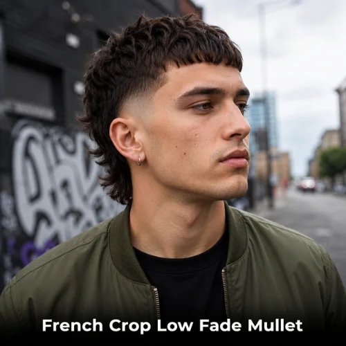 French crop low fade mullet with sharp fringe, low fade sides, and soft mullet back