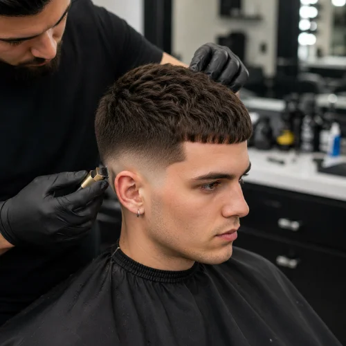 Young man with a messy French Crop Low Taper Fade hairstyle styled with natural texture.