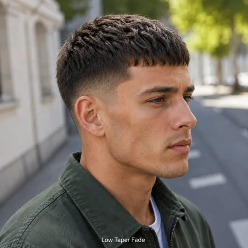 French crop low taper fade haircut with subtle fade near ears and neckline