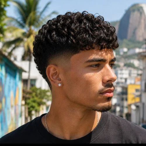 Brazilian male model with curly French Crop Low Taper hairstyle, defined curls on top and clean tapered sides.