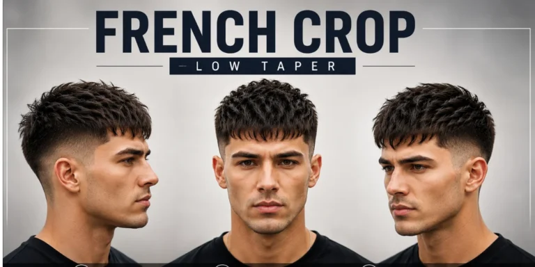 French Crop Low Taper hairstyle shown from multiple angles, featuring a textured top, defined fringe, and clean low taper fade with modern men's grooming details.
