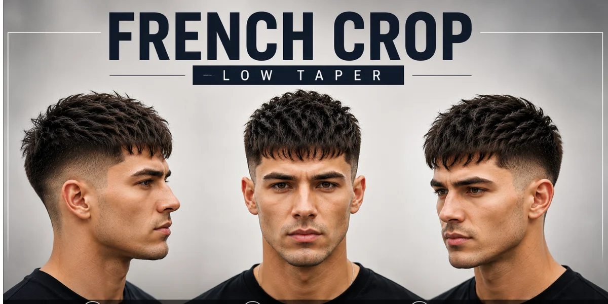 French Crop Low Taper hairstyle shown from multiple angles, featuring a textured top, defined fringe, and clean low taper fade with modern men's grooming details.