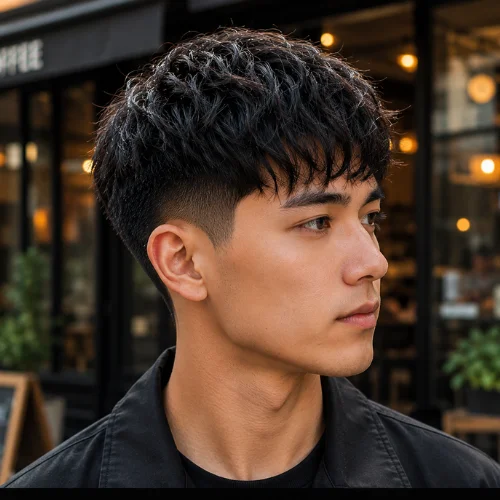 Korean male model with French Crop Low Taper Textured Fringe, forward fringe and clean tapered sides.