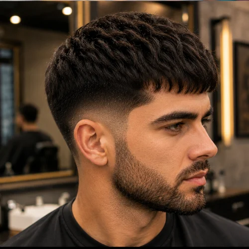Turkish male model with thick hair styled in a French Crop Low Taper, full textured top and neat sides.