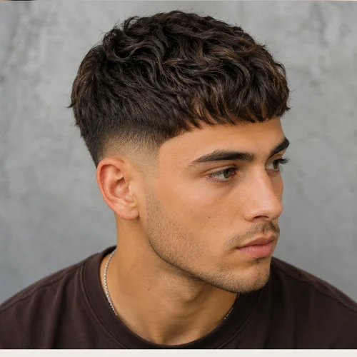 Young man with wavy French Crop hairstyle, low taper on the sides, natural textured waves on top.
